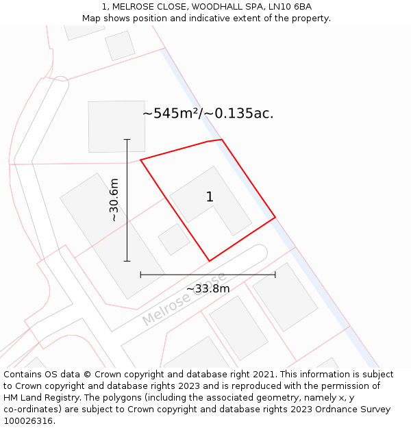 1, MELROSE CLOSE, WOODHALL SPA, LN10 6BA: Plot and title map