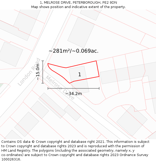 1, MELROSE DRIVE, PETERBOROUGH, PE2 9DN: Plot and title map