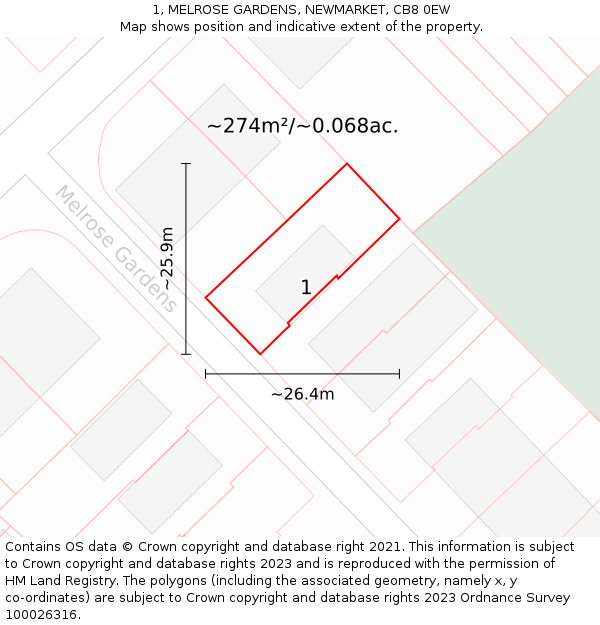 1, MELROSE GARDENS, NEWMARKET, CB8 0EW: Plot and title map