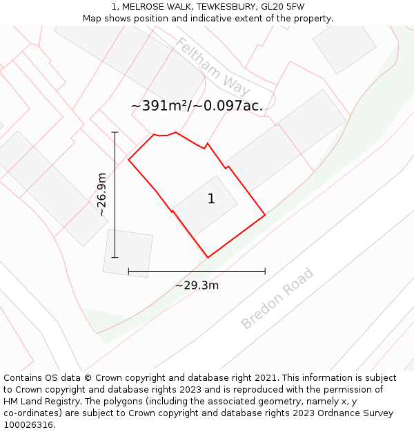 1, MELROSE WALK, TEWKESBURY, GL20 5FW: Plot and title map