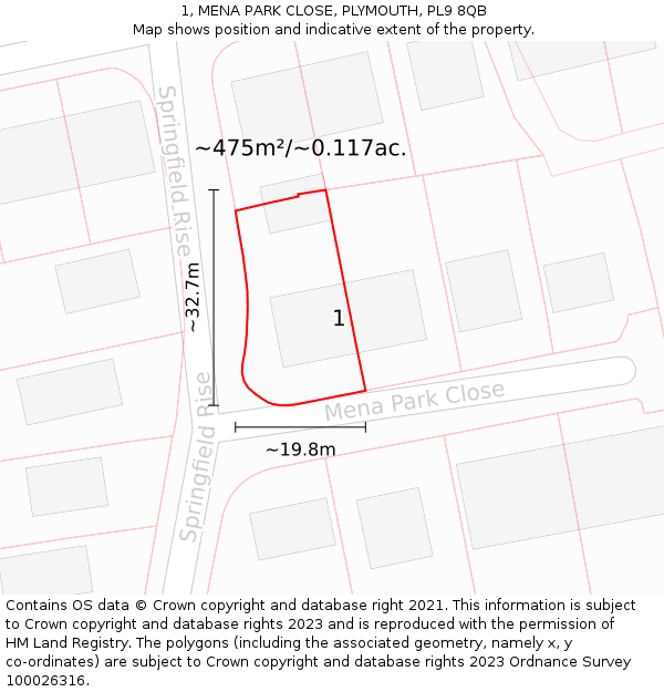 1, MENA PARK CLOSE, PLYMOUTH, PL9 8QB: Plot and title map