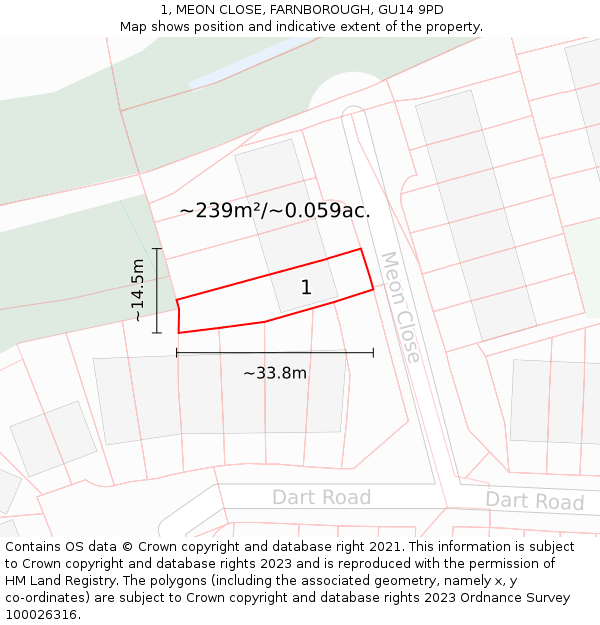 1, MEON CLOSE, FARNBOROUGH, GU14 9PD: Plot and title map