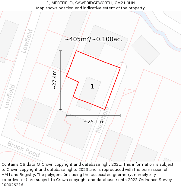 1, MEREFIELD, SAWBRIDGEWORTH, CM21 9HN: Plot and title map