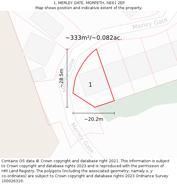 1, MERLEY GATE, MORPETH, NE61 2EP: Plot and title map