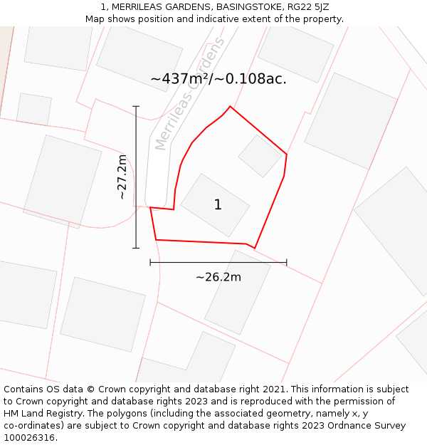 1, MERRILEAS GARDENS, BASINGSTOKE, RG22 5JZ: Plot and title map