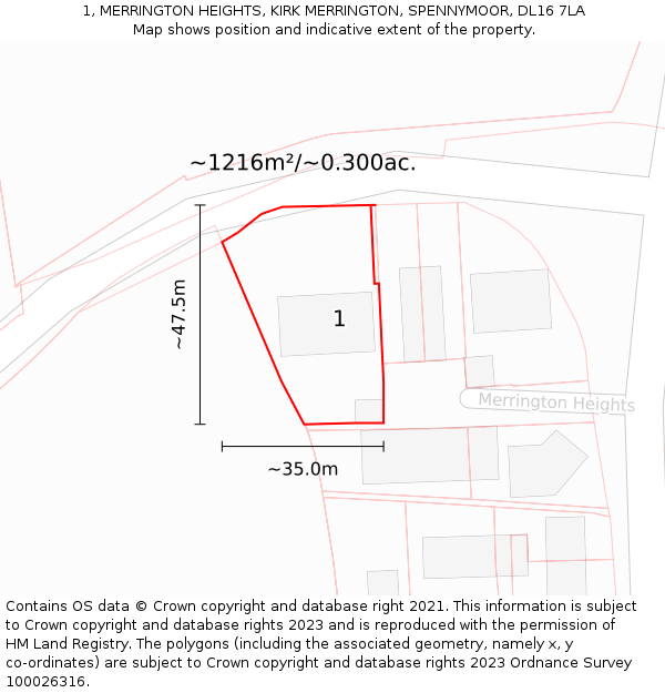 1, MERRINGTON HEIGHTS, KIRK MERRINGTON, SPENNYMOOR, DL16 7LA: Plot and title map