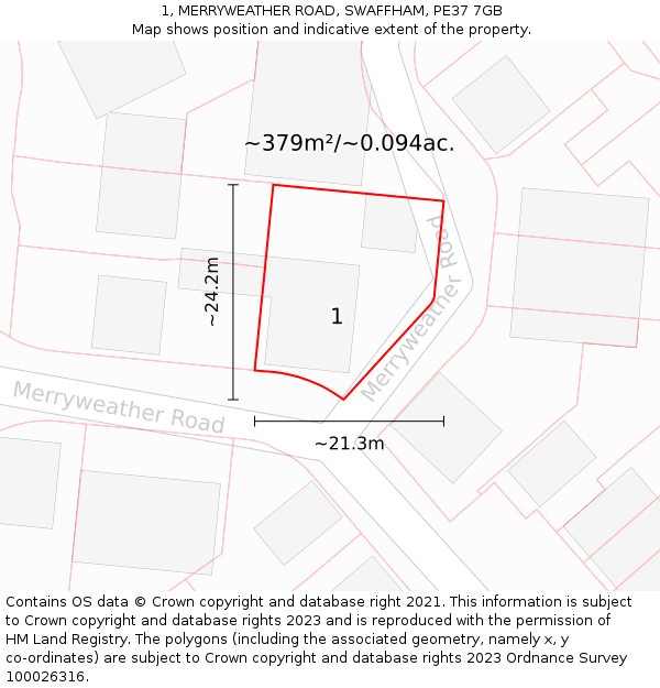 1, MERRYWEATHER ROAD, SWAFFHAM, PE37 7GB: Plot and title map