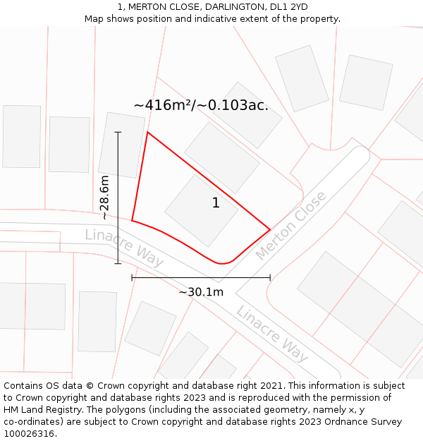 1, MERTON CLOSE, DARLINGTON, DL1 2YD: Plot and title map