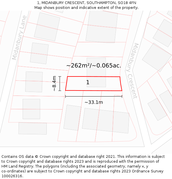 1, MIDANBURY CRESCENT, SOUTHAMPTON, SO18 4FN: Plot and title map