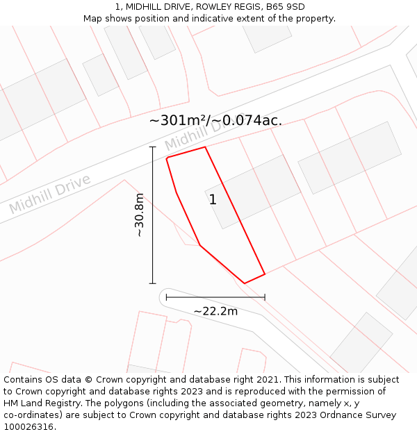 1, MIDHILL DRIVE, ROWLEY REGIS, B65 9SD: Plot and title map