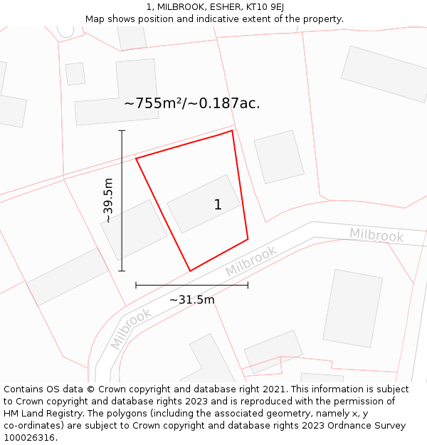 1, MILBROOK, ESHER, KT10 9EJ: Plot and title map