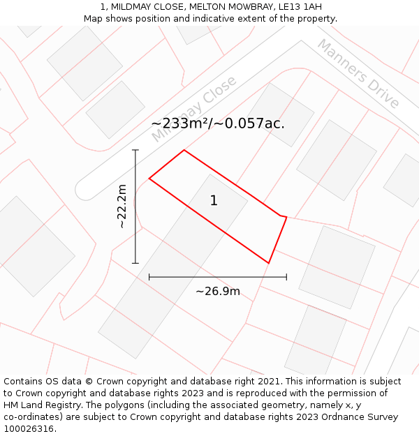 1, MILDMAY CLOSE, MELTON MOWBRAY, LE13 1AH: Plot and title map