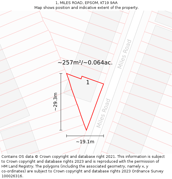 1, MILES ROAD, EPSOM, KT19 9AA: Plot and title map