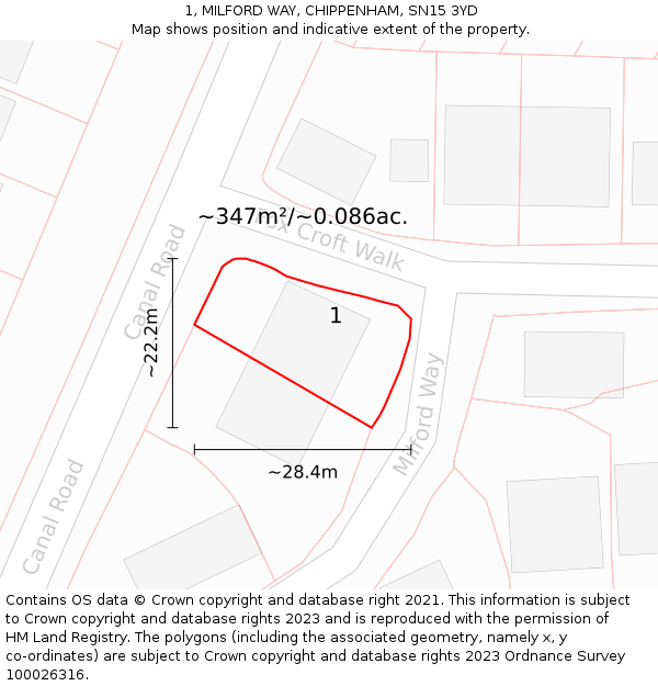 1, MILFORD WAY, CHIPPENHAM, SN15 3YD: Plot and title map