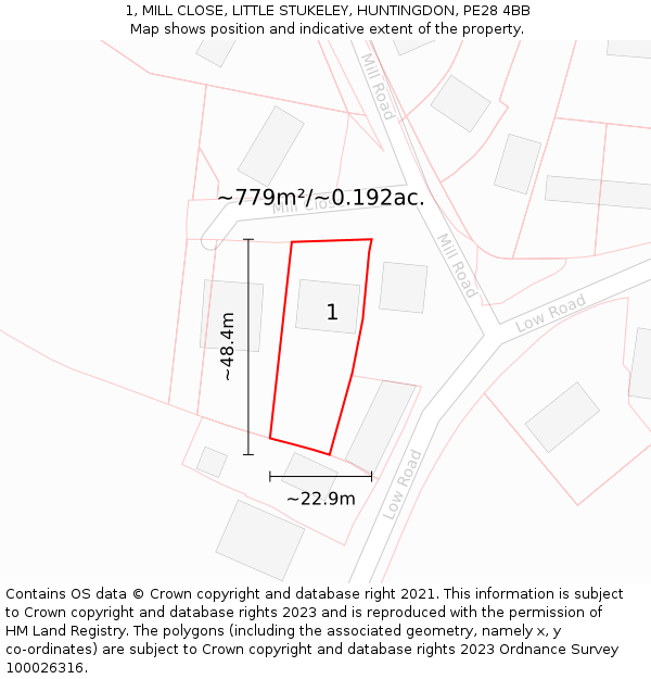 1, MILL CLOSE, LITTLE STUKELEY, HUNTINGDON, PE28 4BB: Plot and title map