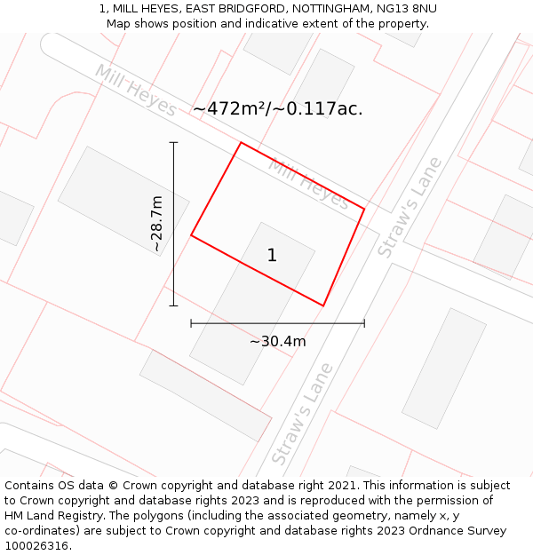 1, MILL HEYES, EAST BRIDGFORD, NOTTINGHAM, NG13 8NU: Plot and title map