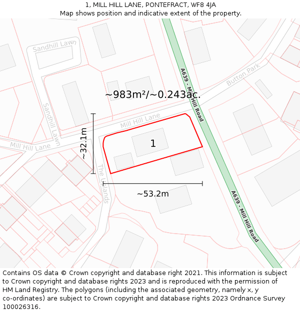 1, MILL HILL LANE, PONTEFRACT, WF8 4JA: Plot and title map