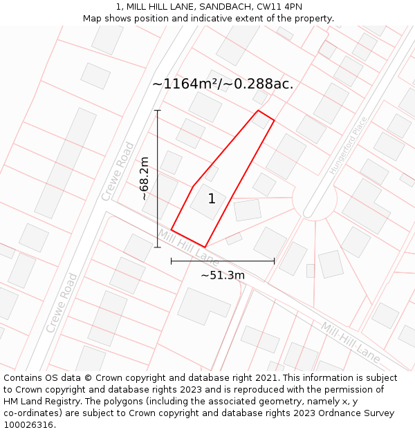 1, MILL HILL LANE, SANDBACH, CW11 4PN: Plot and title map