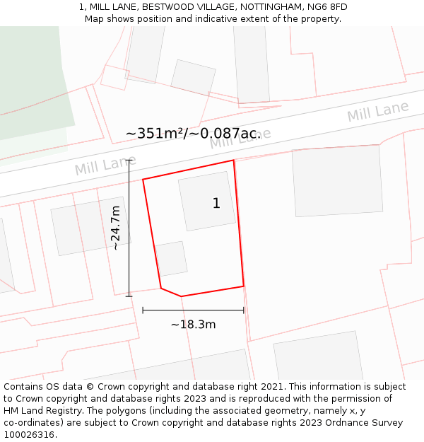 1, MILL LANE, BESTWOOD VILLAGE, NOTTINGHAM, NG6 8FD: Plot and title map