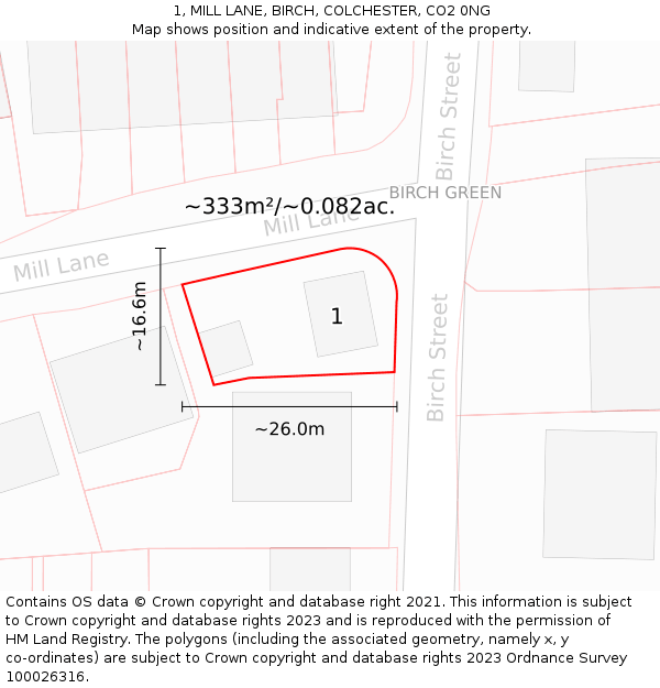 1, MILL LANE, BIRCH, COLCHESTER, CO2 0NG: Plot and title map