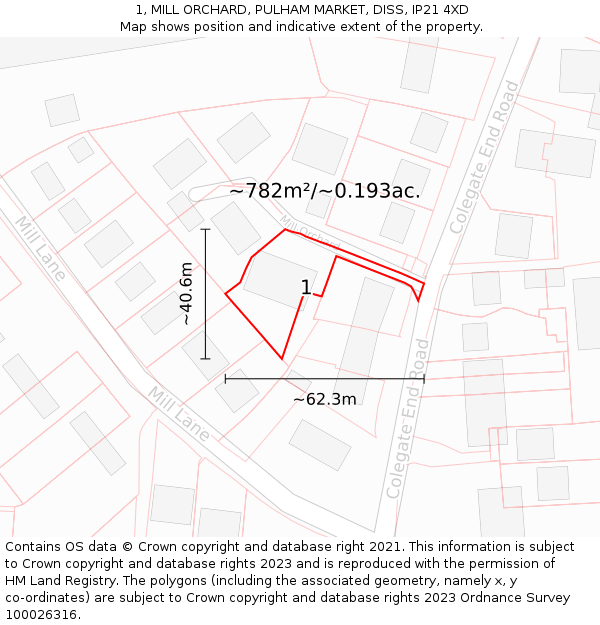 1, MILL ORCHARD, PULHAM MARKET, DISS, IP21 4XD: Plot and title map