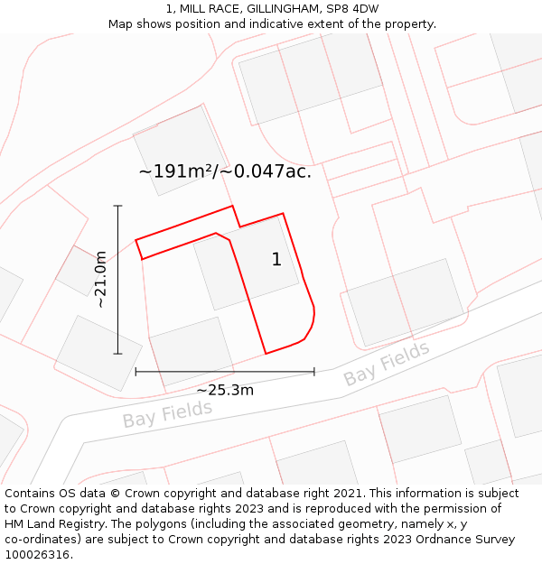 1, MILL RACE, GILLINGHAM, SP8 4DW: Plot and title map