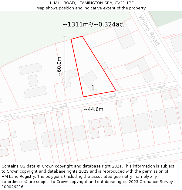 1, MILL ROAD, LEAMINGTON SPA, CV31 1BE: Plot and title map