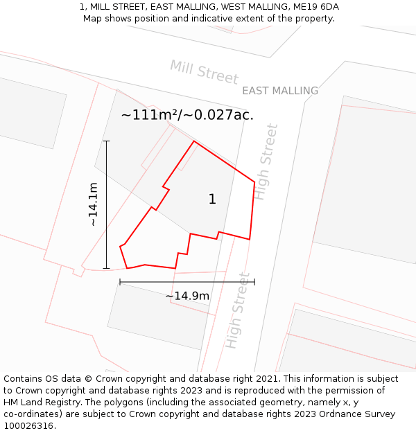 1, MILL STREET, EAST MALLING, WEST MALLING, ME19 6DA: Plot and title map