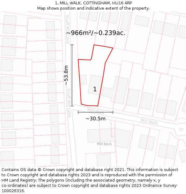 1, MILL WALK, COTTINGHAM, HU16 4RP: Plot and title map