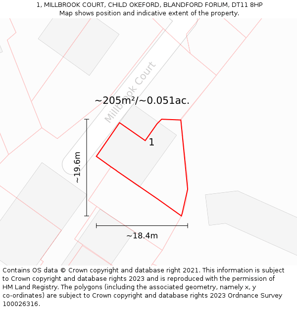 1, MILLBROOK COURT, CHILD OKEFORD, BLANDFORD FORUM, DT11 8HP: Plot and title map