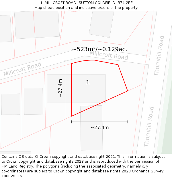 1, MILLCROFT ROAD, SUTTON COLDFIELD, B74 2EE: Plot and title map