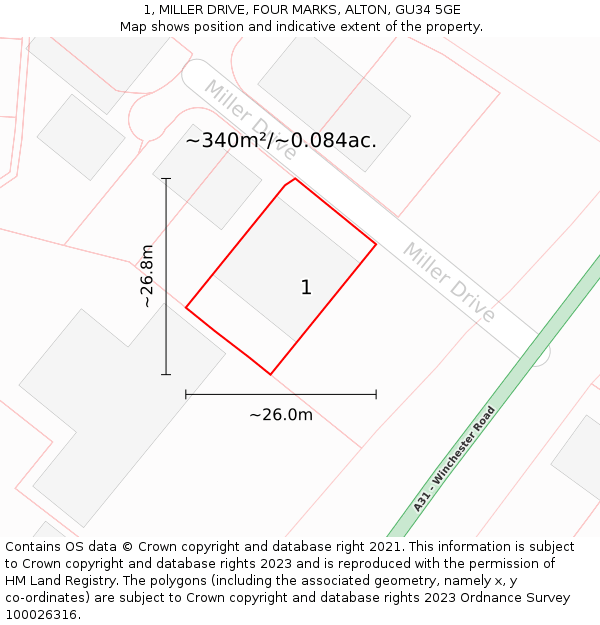 1, MILLER DRIVE, FOUR MARKS, ALTON, GU34 5GE: Plot and title map