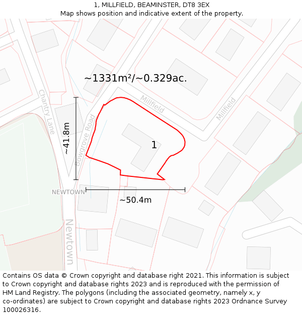 1, MILLFIELD, BEAMINSTER, DT8 3EX: Plot and title map