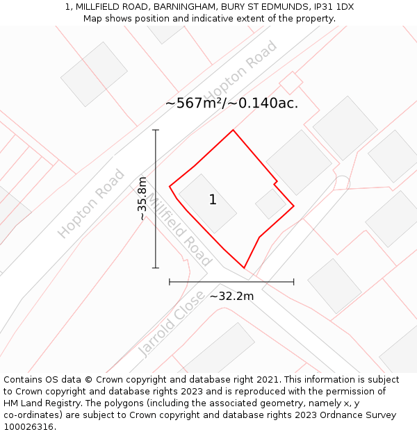 1, MILLFIELD ROAD, BARNINGHAM, BURY ST EDMUNDS, IP31 1DX: Plot and title map