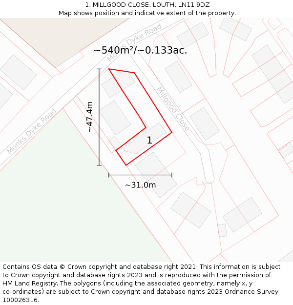 1, MILLGOOD CLOSE, LOUTH, LN11 9DZ: Plot and title map