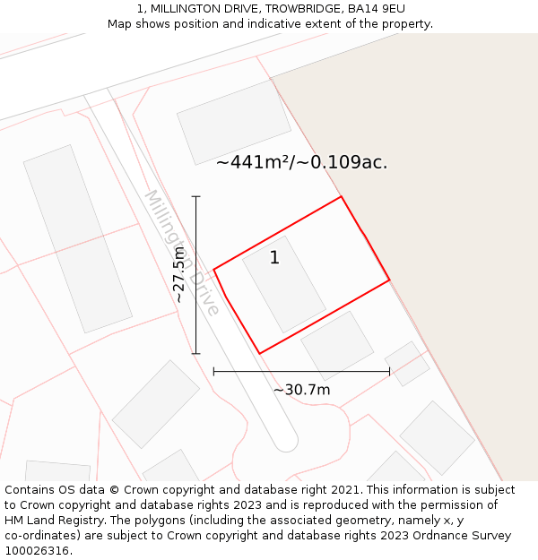 1, MILLINGTON DRIVE, TROWBRIDGE, BA14 9EU: Plot and title map