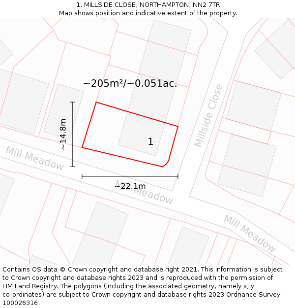 1, MILLSIDE CLOSE, NORTHAMPTON, NN2 7TR: Plot and title map