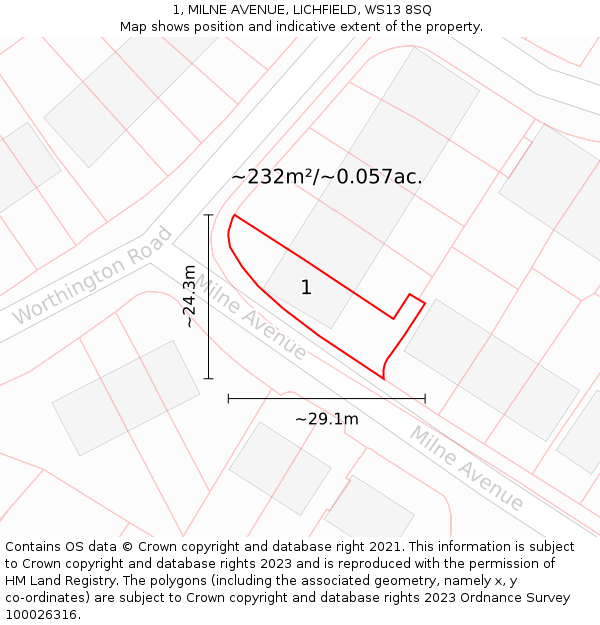 1, MILNE AVENUE, LICHFIELD, WS13 8SQ: Plot and title map