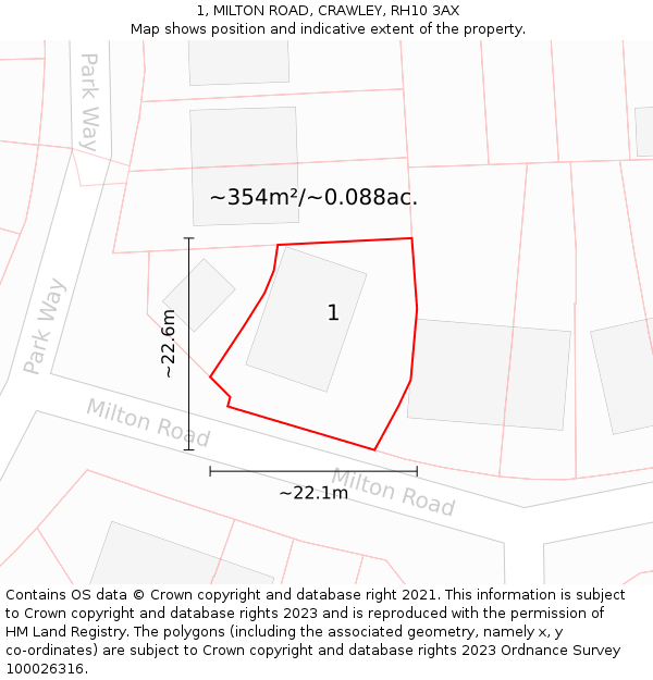 1, MILTON ROAD, CRAWLEY, RH10 3AX: Plot and title map