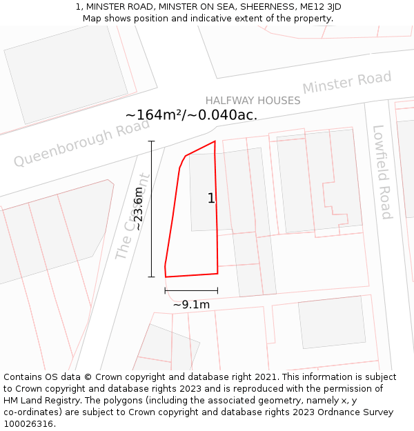 1, MINSTER ROAD, MINSTER ON SEA, SHEERNESS, ME12 3JD: Plot and title map