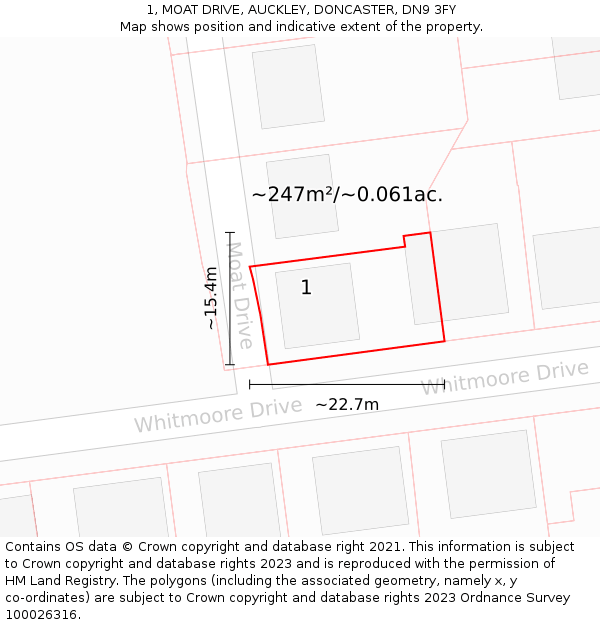 1, MOAT DRIVE, AUCKLEY, DONCASTER, DN9 3FY: Plot and title map