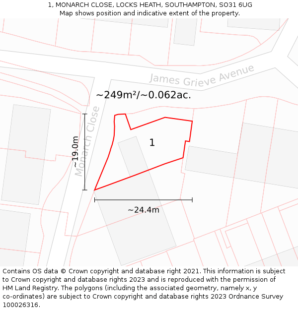 1, MONARCH CLOSE, LOCKS HEATH, SOUTHAMPTON, SO31 6UG: Plot and title map