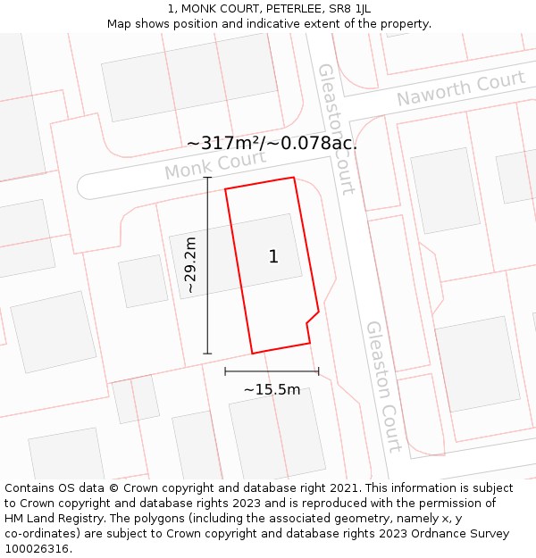 1, MONK COURT, PETERLEE, SR8 1JL: Plot and title map