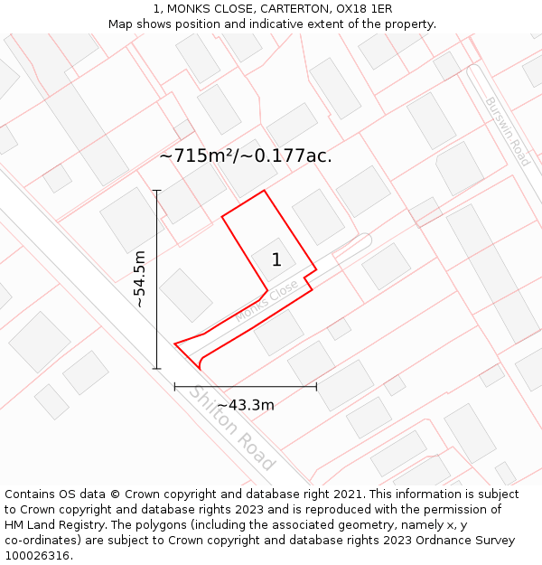 1, MONKS CLOSE, CARTERTON, OX18 1ER: Plot and title map