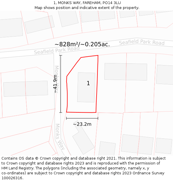 1, MONKS WAY, FAREHAM, PO14 3LU: Plot and title map