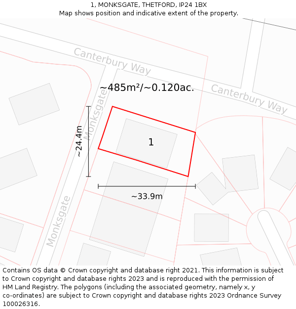 1, MONKSGATE, THETFORD, IP24 1BX: Plot and title map