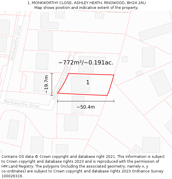 1, MONKWORTHY CLOSE, ASHLEY HEATH, RINGWOOD, BH24 2AU: Plot and title map