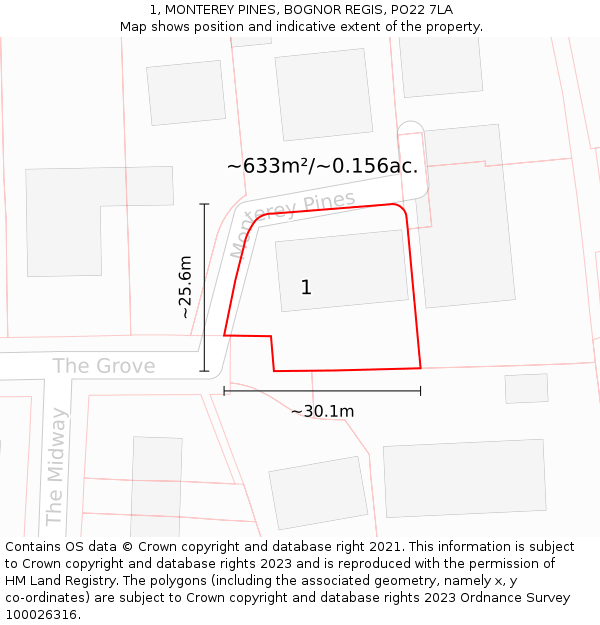 1, MONTEREY PINES, BOGNOR REGIS, PO22 7LA: Plot and title map