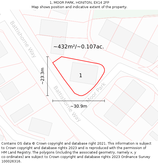 1, MOOR PARK, HONITON, EX14 2FP: Plot and title map