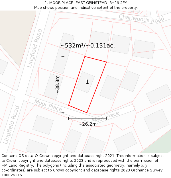 1, MOOR PLACE, EAST GRINSTEAD, RH19 2EY: Plot and title map